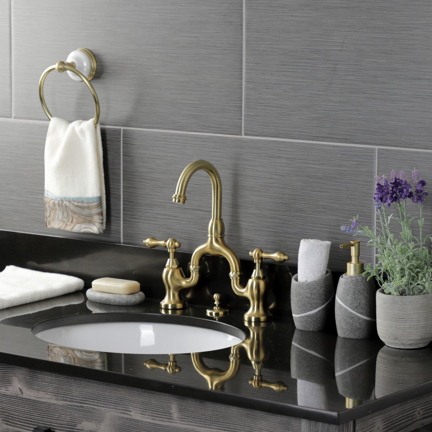 Kingston Heirloom KS7997AL - English Country Two-Handle 3-Hole Deck Mount Bridge Bathroom Faucet with Brass Pop-Up, Brushed Brass — thumbnail 2